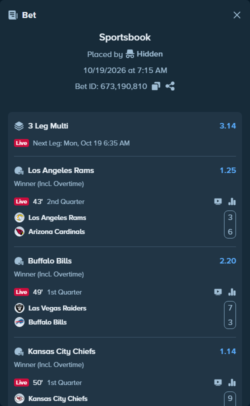 Bet slip: Los Angeles Rams - Arizona Cardinals, $20,841.65 stake at 1.25 odds, placed by Bigfoltz