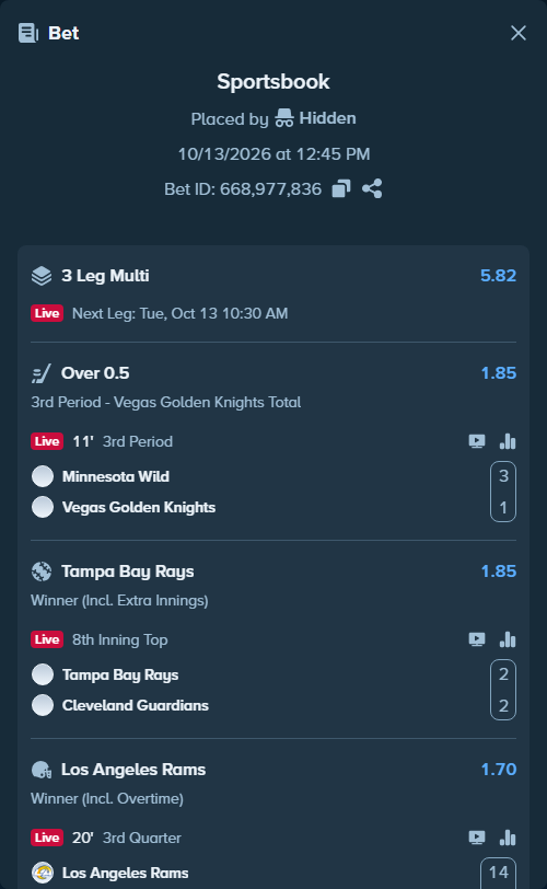 Bet slip: Los Angeles Rams - Buffalo Bills, $100,000.00 stake at 1.70 odds, placed by Hidden
