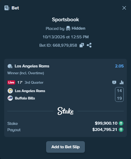 Bet slip: Los Angeles Rams - Buffalo Bills, $100,000.00 stake at 2.05 odds, placed by Hidden
