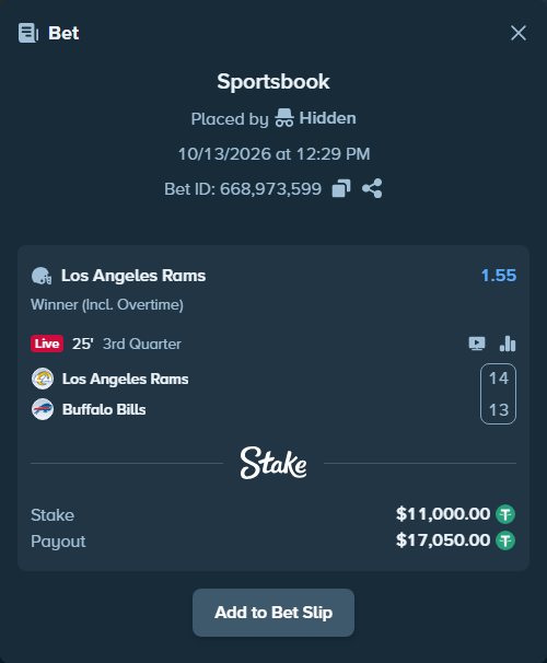 Bet slip: Los Angeles Rams - Buffalo Bills, $11,011.00 stake at 1.55 odds, placed by fhv166151