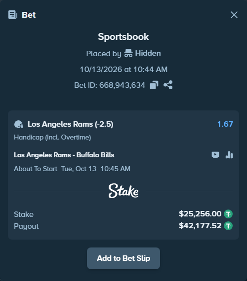Bet slip: Los Angeles Rams - Buffalo Bills, $25,281.26 stake at 1.67 odds, placed by fhv166151