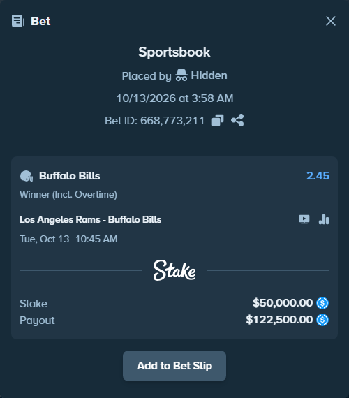 Bet slip: Los Angeles Rams - Buffalo Bills, $50,000.00 stake at 2.45 odds, placed by Marvin123421