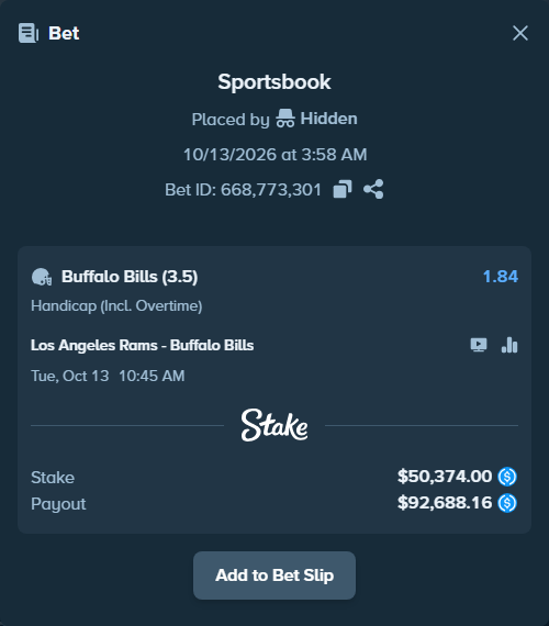Bet slip: Los Angeles Rams - Buffalo Bills, $50,374.00 stake at 1.84 odds, placed by Marvin123421