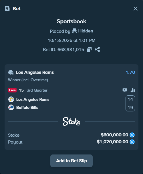 Bet slip: Los Angeles Rams - Buffalo Bills, $600,000.00 stake at 1.70 odds, placed by Hidden