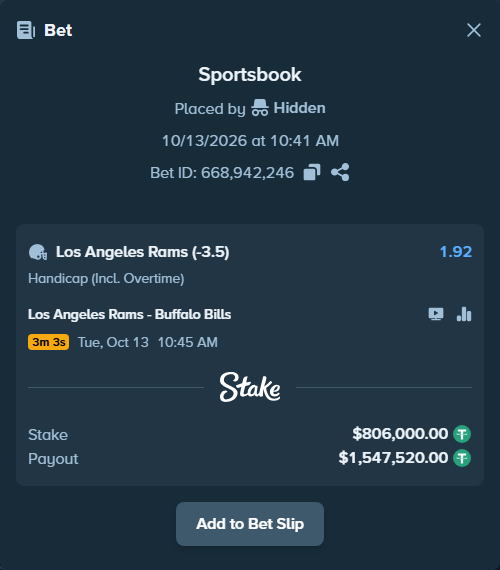 Bet slip: Los Angeles Rams - Buffalo Bills, $806,806.00 stake at 1.92 odds, placed by Hidden