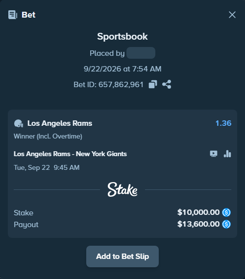 Bet slip: Los Angeles Rams - New York Giants, $10,000.00 stake at 1.36 odds, placed by LarsL