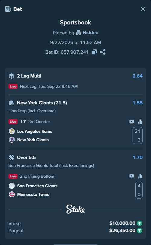 Bet slip: Los Angeles Rams - New York Giants, $10,000.00 stake at 1.55 odds, placed by Hidden