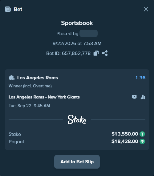 Bet slip: Los Angeles Rams - New York Giants, $13,550.00 stake at 1.36 odds, placed by reggieewellq