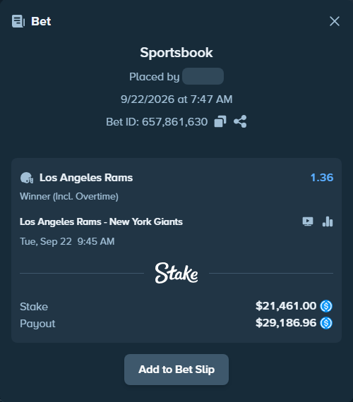 Bet slip: Los Angeles Rams - New York Giants, $21,461.00 stake at 1.36 odds, placed by orageq76