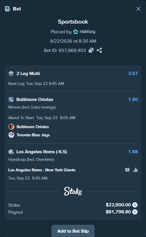Bet slip: Los Angeles Rams - New York Giants, $22,416.32 stake at 1.88 odds, placed by riskfury