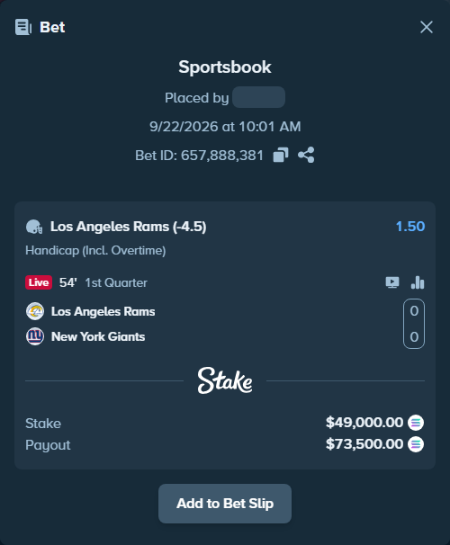 Bet slip: Los Angeles Rams - New York Giants, $48,042.74 stake at 1.50 odds, placed by riskfury