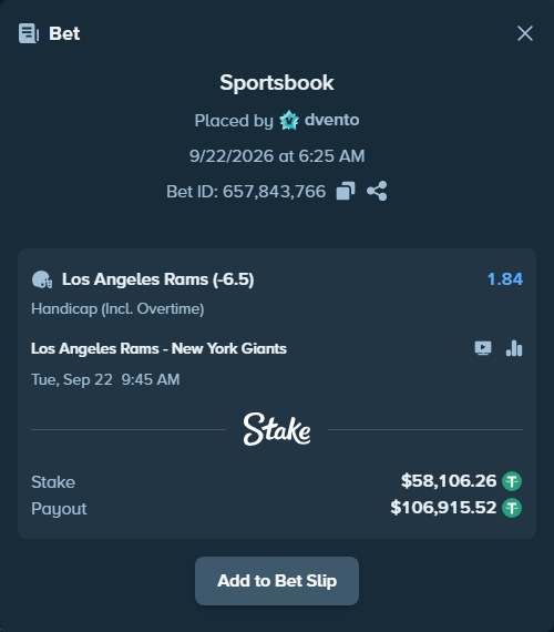Bet slip: Los Angeles Rams - New York Giants, $58,106.26 stake at 1.84 odds, placed by dvento
