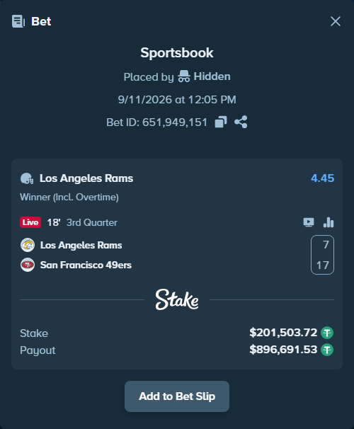 Bet slip: Los Angeles Rams - San Francisco 49ers, $201,483.57 stake at 4.45 odds, placed by Hidden
