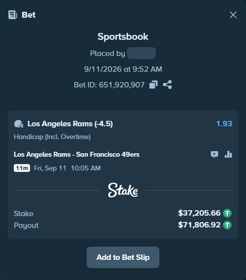 Bet slip: Los Angeles Rams - San Francisco 49ers, $37,201.94 stake at 1.93 odds, placed by dvento