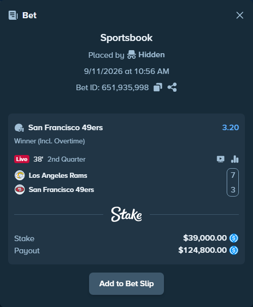 Bet slip: Los Angeles Rams - San Francisco 49ers, $39,000.00 stake at 3.20 odds, placed by Hidden