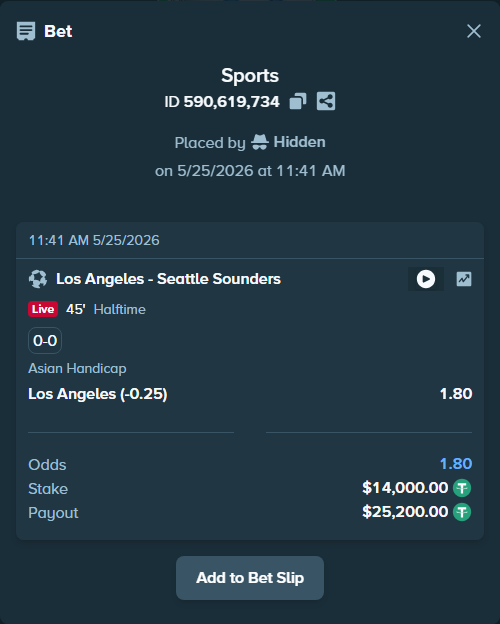 Bet slip: Los Angeles - Seattle Sounders, $14,000.00 stake at 1.80 odds, placed by rajlev