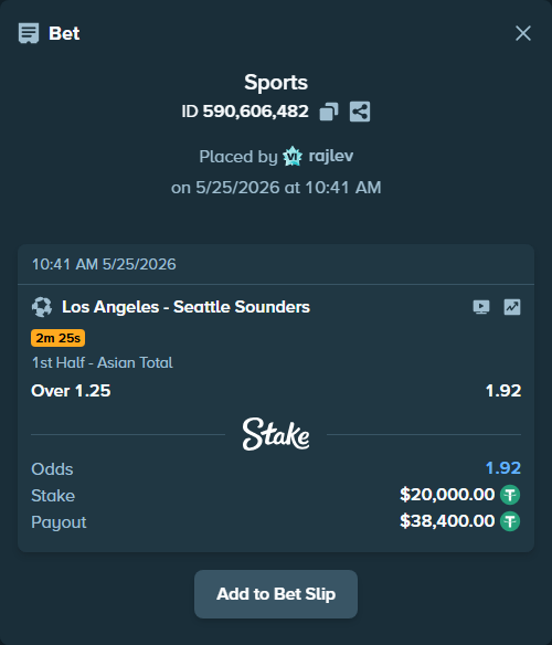 Bet slip: Los Angeles - Seattle Sounders, $20,000.00 stake at 1.92 odds, placed by rajlev