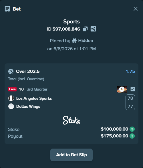 Bet slip: Los Angeles Sparks - Dallas Wings, $100,000.00 stake at 1.75 odds, placed by Hidden