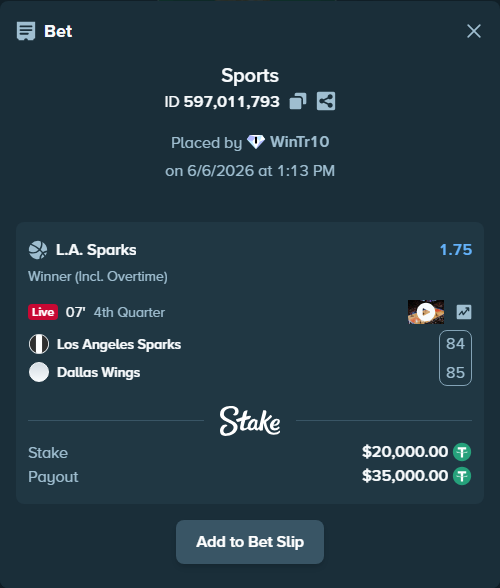 Bet slip: Los Angeles Sparks - Dallas Wings, $20,000.00 stake at 1.75 odds, placed by WinTr10