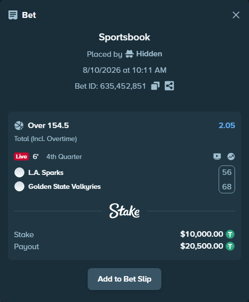 Bet slip: Los Angeles Sparks - Golden State Valkyries, $10,010.00 stake at 2.05 odds, placed by Hidden