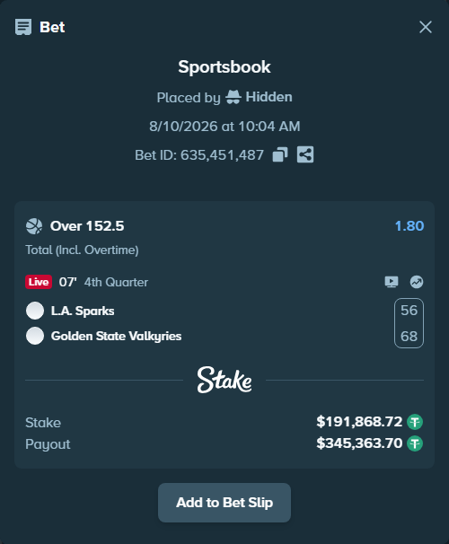 Bet slip: Los Angeles Sparks - Golden State Valkyries, $192,060.59 stake at 1.80 odds, placed by Hidden