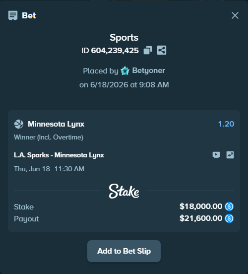 Bet slip: Los Angeles Sparks - Minnesota Lynx, $18,000.00 stake at 1.20 odds, placed by Betyoner
