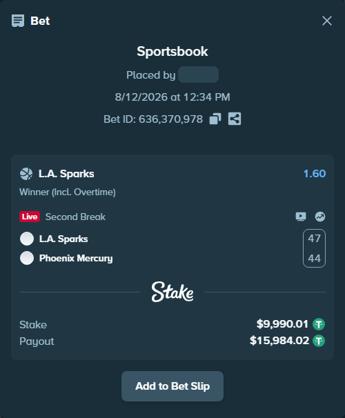 Bet slip: Los Angeles Sparks - Phoenix Mercury, $10,000.00 stake at 1.60 odds, placed by Safesmsm