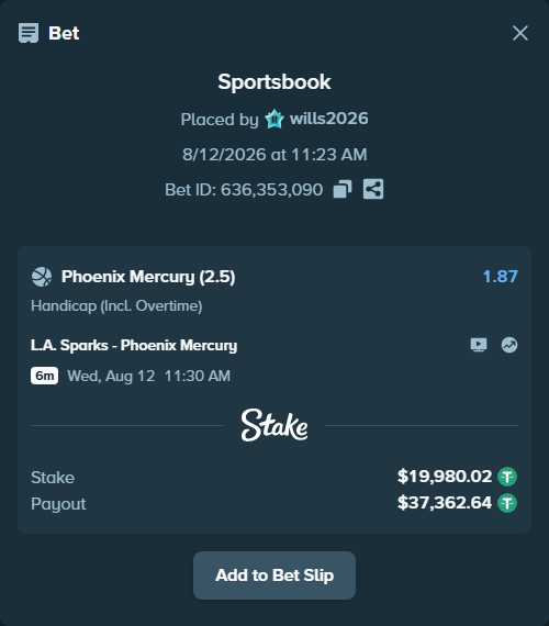 Bet slip: Los Angeles Sparks - Phoenix Mercury, $20,000.00 stake at 1.87 odds, placed by wills2026
