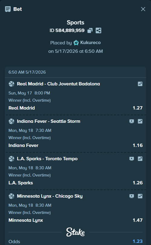 Bet slip: Los Angeles Sparks - Toronto Tempo, $13,513.50 stake at 1.26 odds, placed by Kukureco