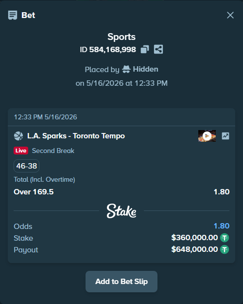 Bet slip: Los Angeles Sparks - Toronto Tempo, $360,360.00 stake at 1.80 odds, placed by Hidden