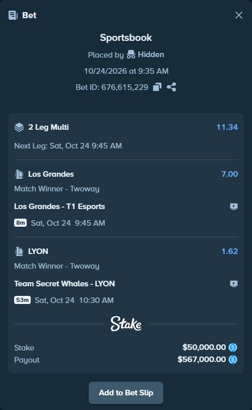 Bet slip: Los Grandes - T1 Esports, $50,000.00 stake at 7.00 odds, placed by Hidden