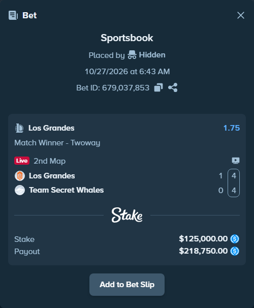 Bet slip: Los Grandes - Team Secret Whales, $125,000.00 stake at 1.75 odds, placed by Hidden