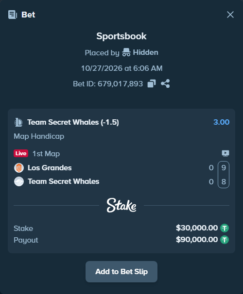 Bet slip: Los Grandes - Team Secret Whales, $30,030.00 stake at 3.00 odds, placed by Hidden