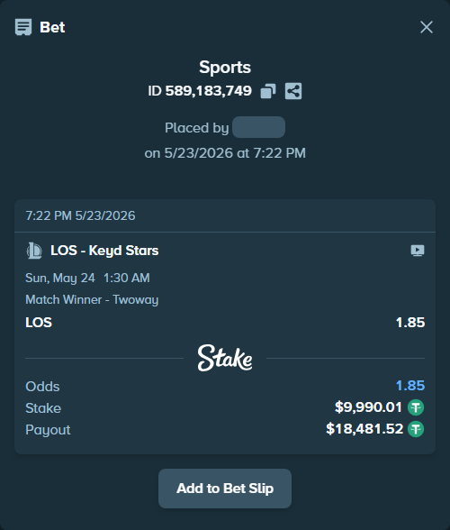 Bet slip: LOS - Keyd Stars, $10,000.00 stake at 1.85 odds, placed by mi6a1