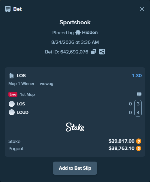 Bet slip: LOS - LOUD, $29,854.42 stake at 1.30 odds, placed by Hidden