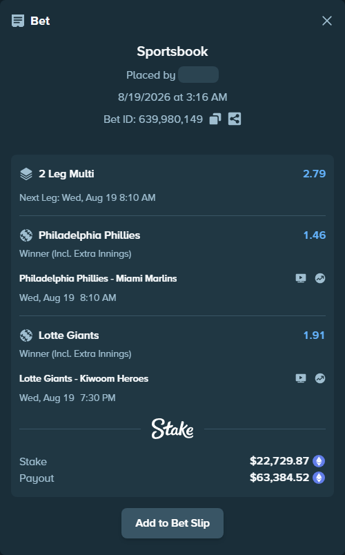 Bet slip: Lotte Giants - Kiwoom Heroes, $26,889.10 stake at 1.91 odds, placed by myprecious1