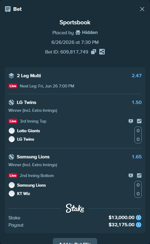 Bet slip: Lotte Giants - LG Twins, $13,000.00 stake at 1.50 odds, placed by Hidden