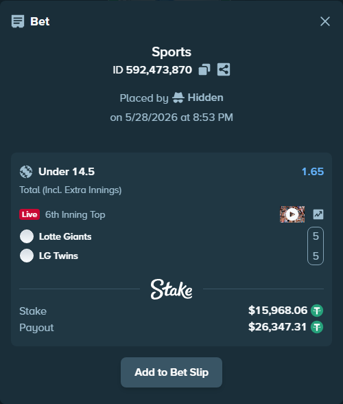 Bet slip: Lotte Giants - LG Twins, $16,000.00 stake at 1.65 odds, placed by Hidden