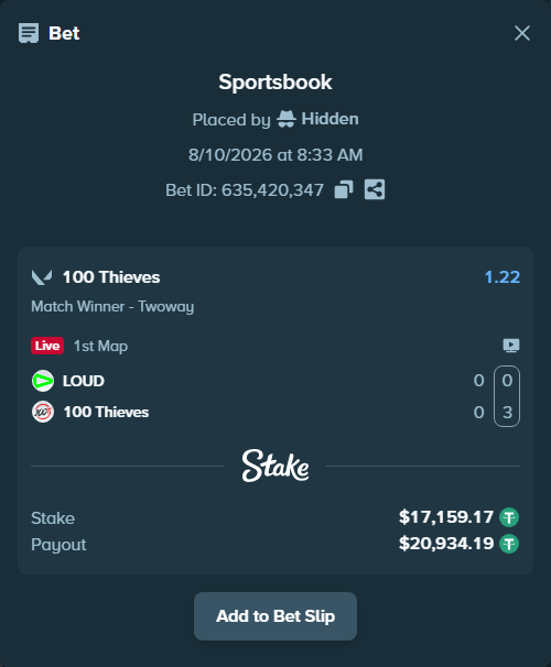 Bet slip: LOUD - 100 Thieves, $17,176.33 stake at 1.22 odds, placed by Hidden