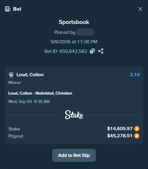 Bet slip: Loud, Colton - Natividad, Christian, $14,679.17 stake at 3.10 odds, placed by theoutlaw