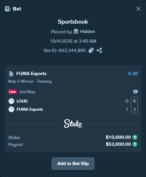 Bet slip: LOUD - FURIA Esports, $10,000.00 stake at 5.30 odds, placed by 도다리