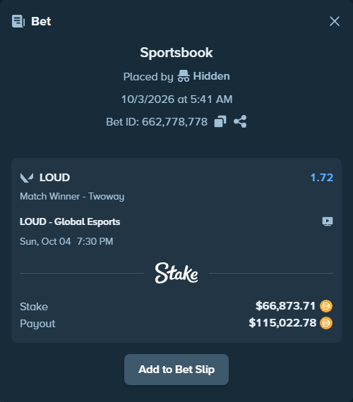 Bet slip: LOUD - Global Esports, $66,873.71 stake at 1.72 odds, placed by Hidden