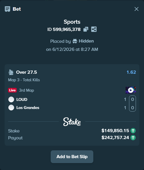 Bet slip: LOUD - Los Grandes , $150,000.00 stake at 1.62 odds, placed by Hidden