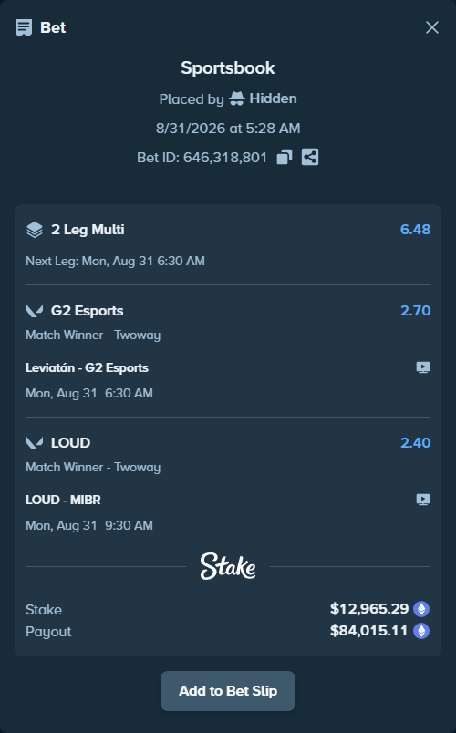 Bet slip: LOUD - MIBR, $12,542.86 stake at 2.40 odds, placed by Hidden