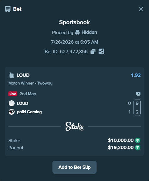Bet slip: LOUD - paiN Gaming, $10,010.00 stake at 1.92 odds, placed by Hidden