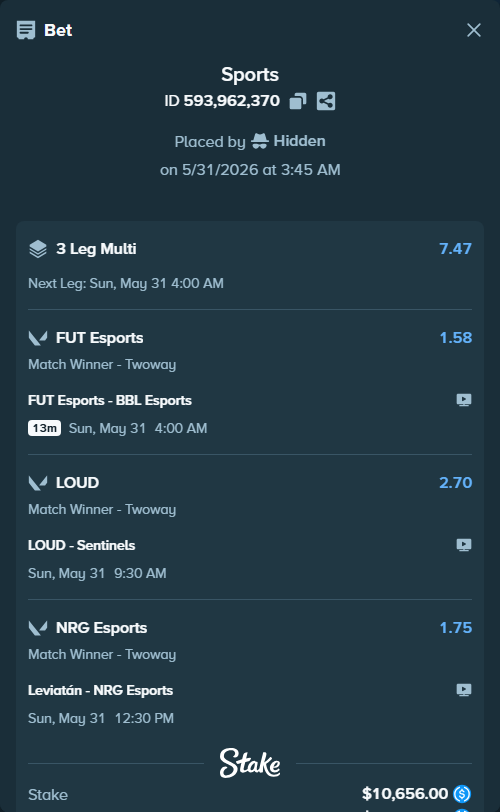 Bet slip: LOUD - Sentinels, $10,656.00 stake at 2.70 odds, placed by Hidden