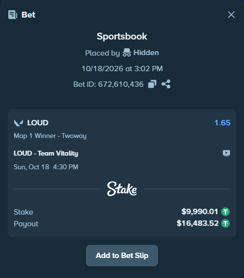 Bet slip: LOUD - Team Vitality, $10,000.00 stake at 1.65 odds, placed by Hidden