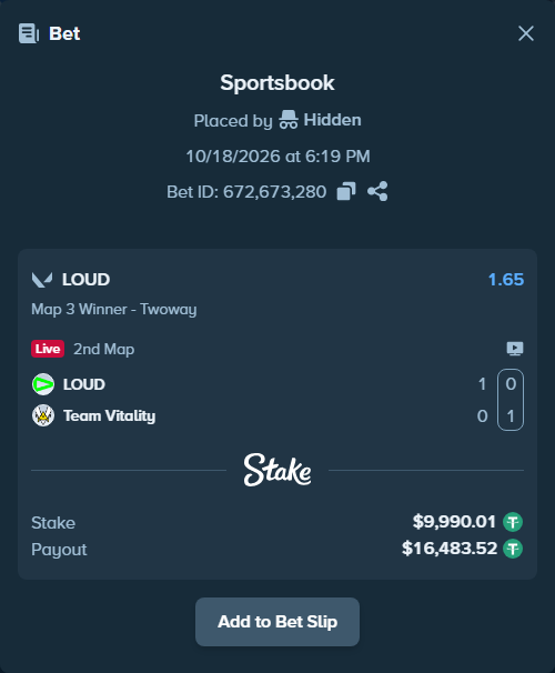 Bet slip: LOUD - Team Vitality, $10,000.00 stake at 1.65 odds, placed by Hidden