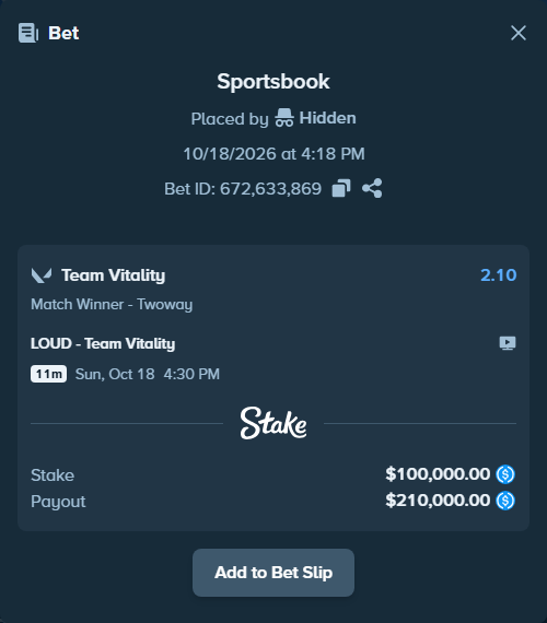 Bet slip: LOUD - Team Vitality, $100,000.00 stake at 2.10 odds, placed by Hidden