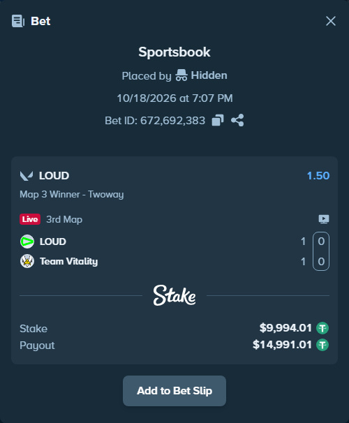 Bet slip: LOUD - Team Vitality, $10,004.00 stake at 1.50 odds, placed by Hidden